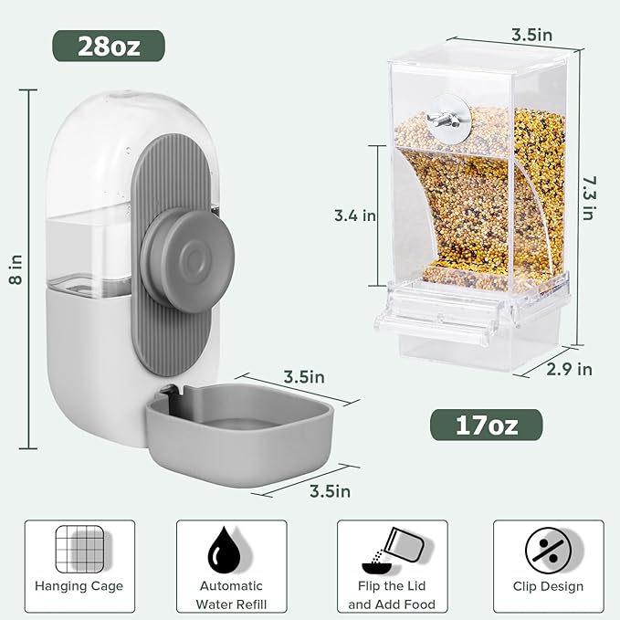 No Mess Bird Feeder & Water Dispenser Set - Automatic Feeding & Hydration, Parakeet Cage Accessories for Parrots, Cockatiels, Finches, Lovebirds & Budgies