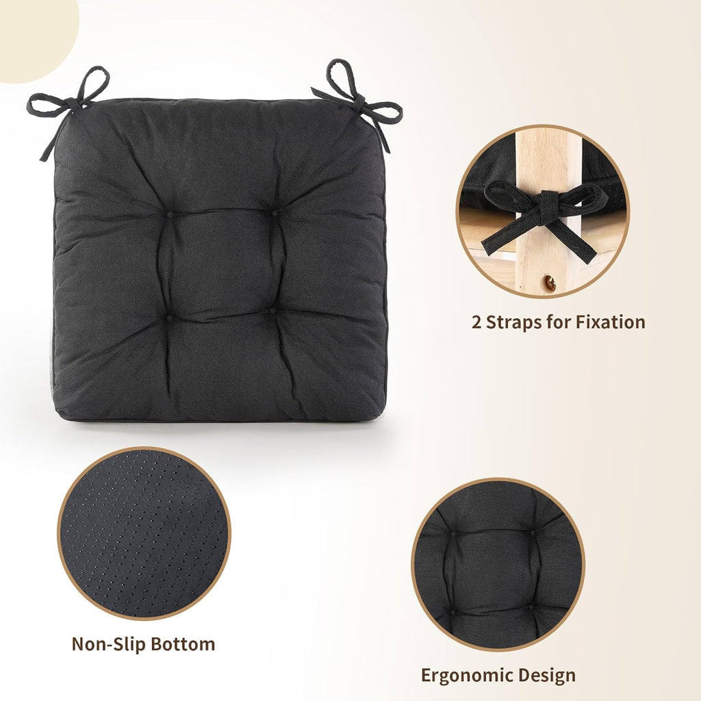 Chair Cushions for Dining Chairs, Tufted Foam Kitchen Chair, Non-Slip Seat Cushions with Ties Set of 4, 15.5" x 15.5" x 4", Black