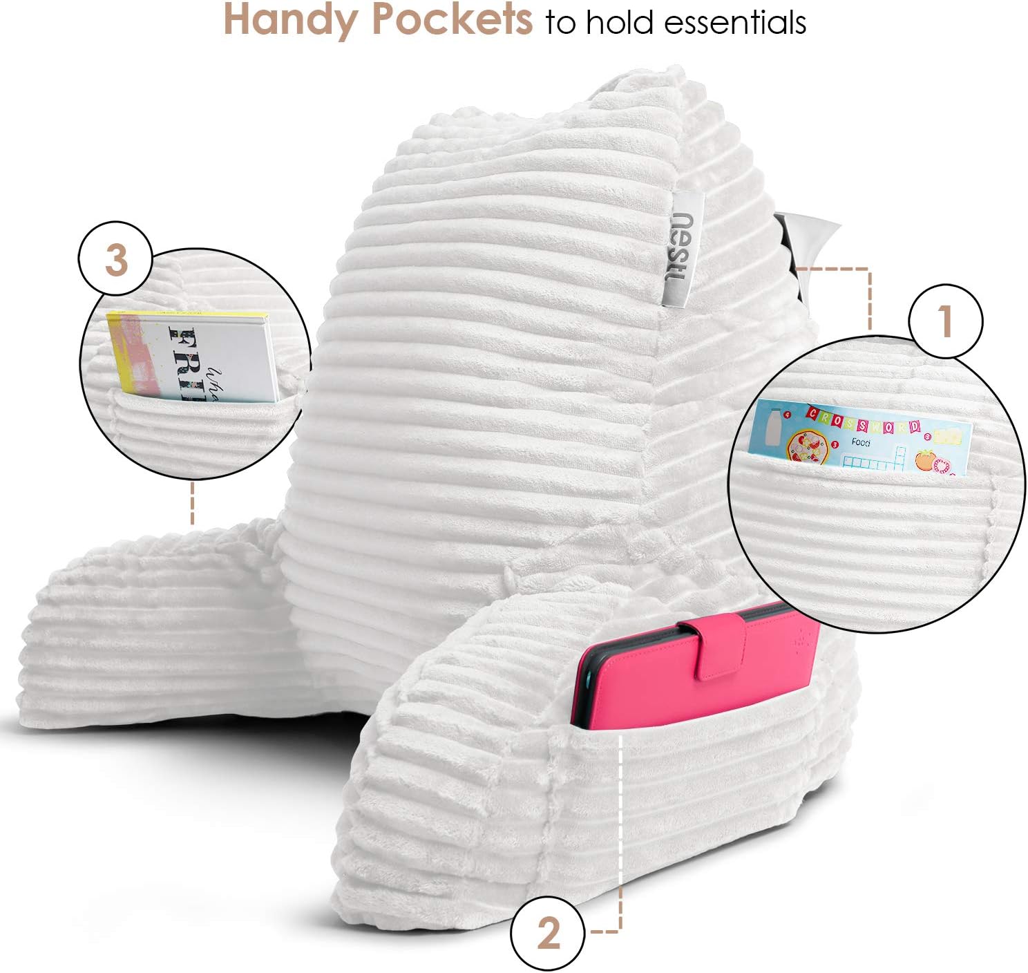 Hearth & Harbor Reading Pillow for Bed Adult – Back Pillow for Sitting in Bed, Standard Bed Pillows for Sitting Up in Bed, Foam Bed Chair Pillow, White Bed Rest Pillow