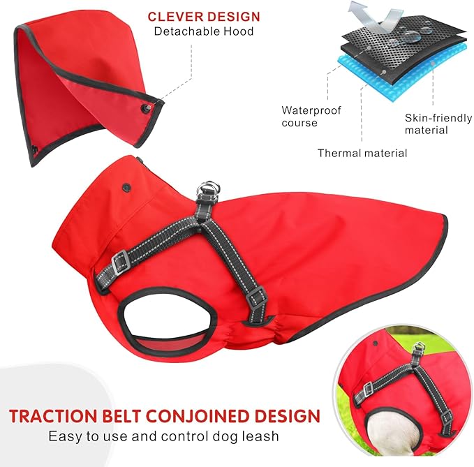 Mosucoirl Dog Raincoat Waterproof Dog Hoodie Reflective Dog Raincoat Hooded Adjustable Rain Jacket for Small Medium Large Dogs Puppies (Red, XXL)