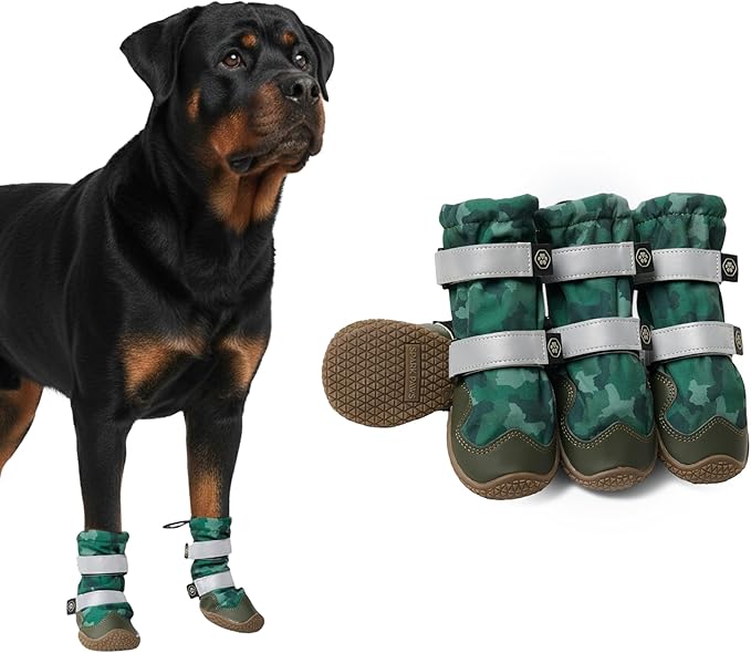 Spark Paws Dog Shoes, Waterproof Dog Boots for Medium to Large Dogs, Non Slip, Breathable Dog Booties and Paw Protectors - 4PCS Doggie Hiking Boots with Reflective Straps, Green Camo, Size 8