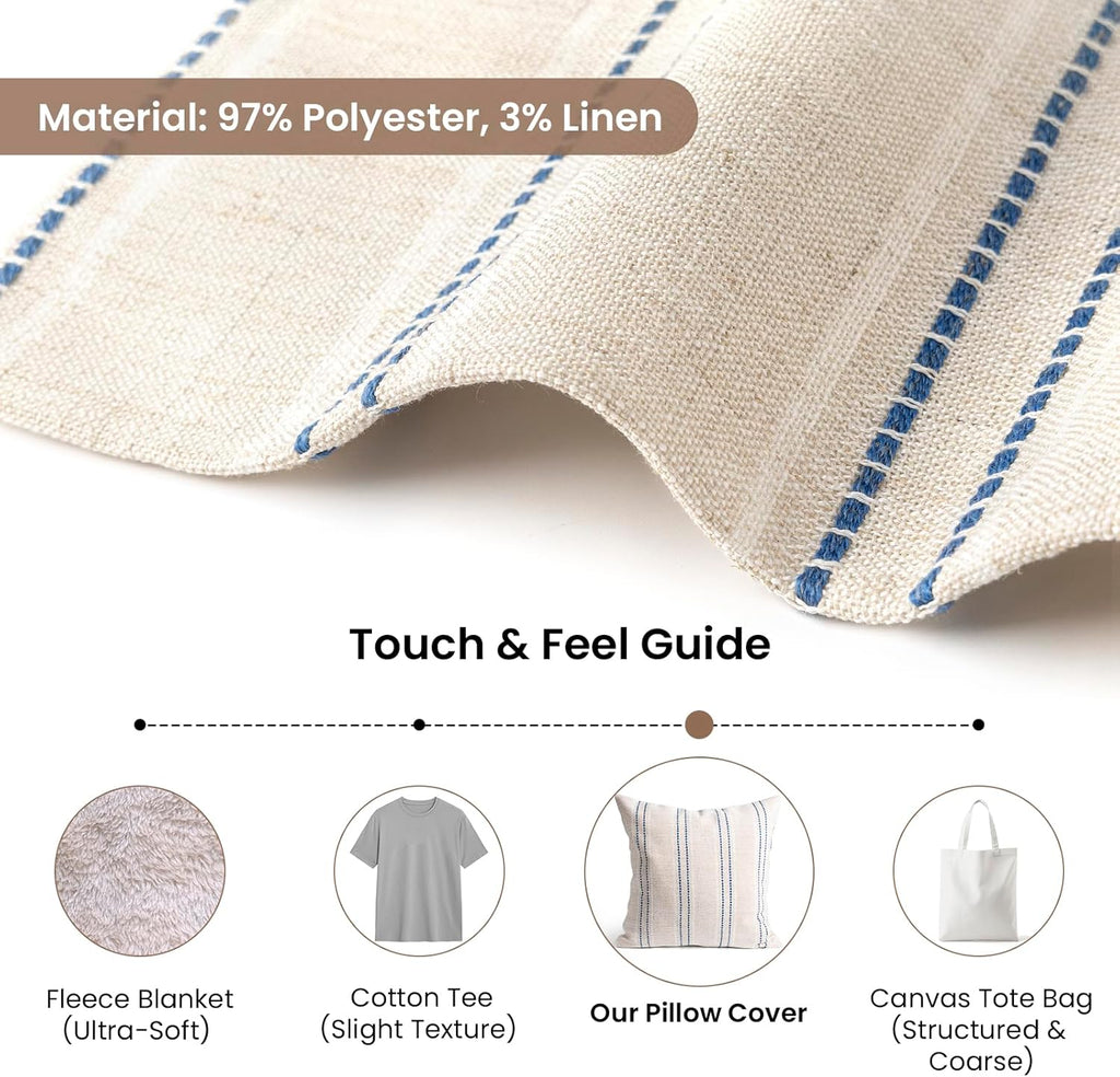 AELS 22x22 Decorative Farmhouse Linen Throw Pillow Covers, Boho Textured Pillow Case, Set of 2, Beige with White & Navy Blue Stitch Yarn Dyed Stripe Cushion Cover for Couch Living Room (Cover ONLY)