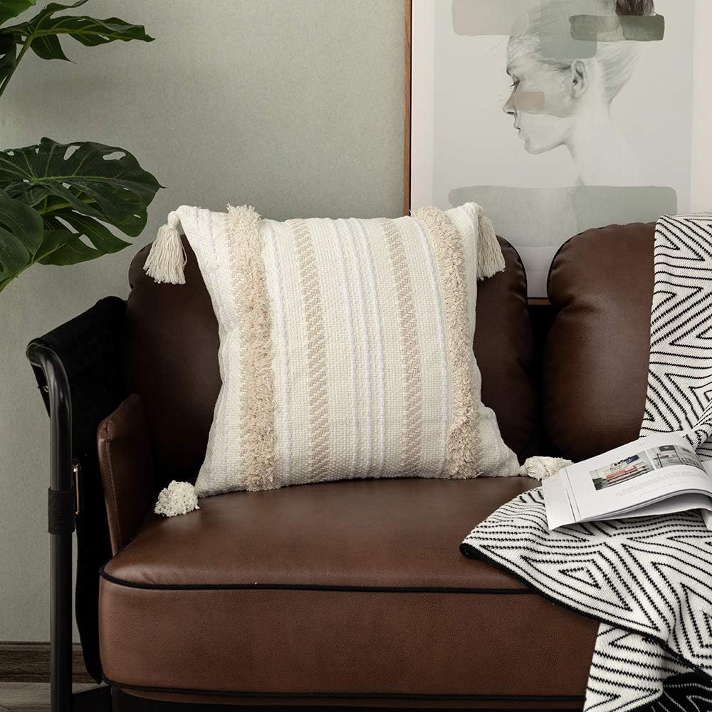 OJIA Boho Decorative Throw Pillow Cover, 20 x 20 Farmhouse Cute Pillowcase Minimalist Neutral Collection Cream White Tufted with Tassels Woven Square Cushion Cover for Sofa Couch Bedroom Living Room