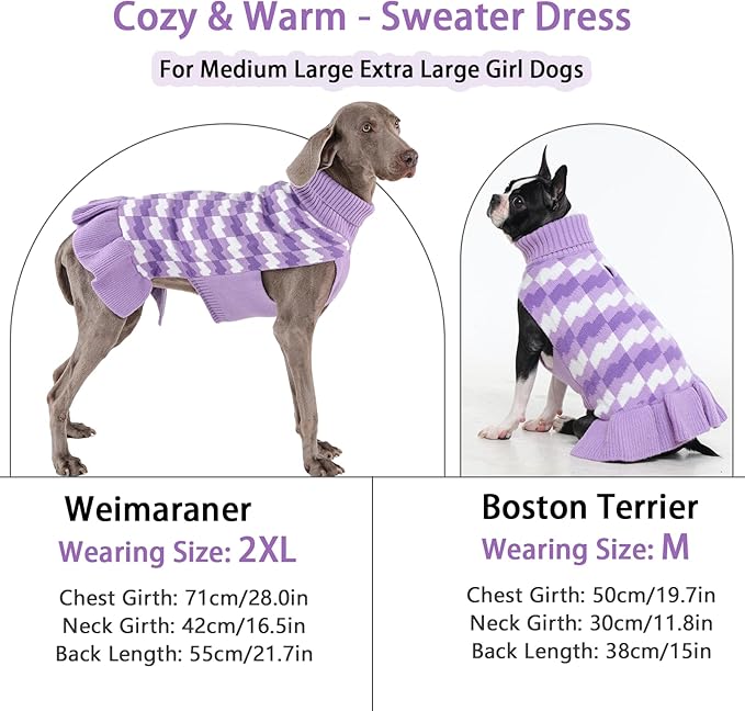 Dog Sweaters for Large Dogs Girl, Dog Sweater Dress with Leash Hole, Thick Turtleneck Knitwear for Female Dogs, Warm Fall Winter Dress for Cold Weather, Thanksgiving, Christmas - Purple L