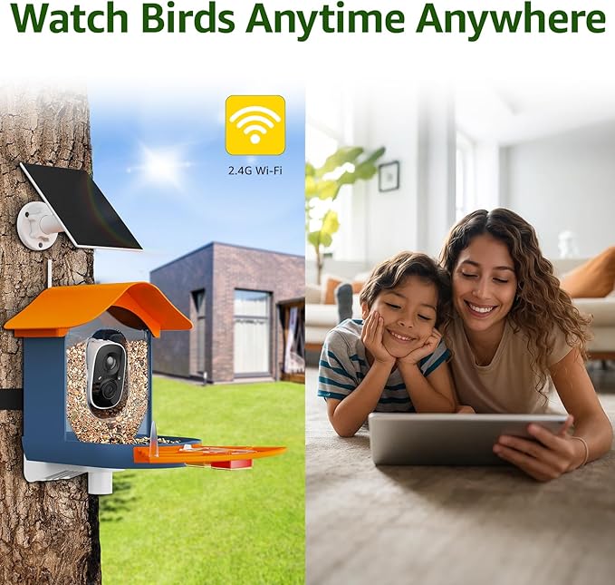 PeckCam® Smart Bird Feeder with Camera 2K HD Auto Detect & Notify, AI Identify 10000+ Birds Camera with Solar Panel 5 Perch Attachments Wireless Outdoor Birdwatching Gift for Birds Lover, Orange