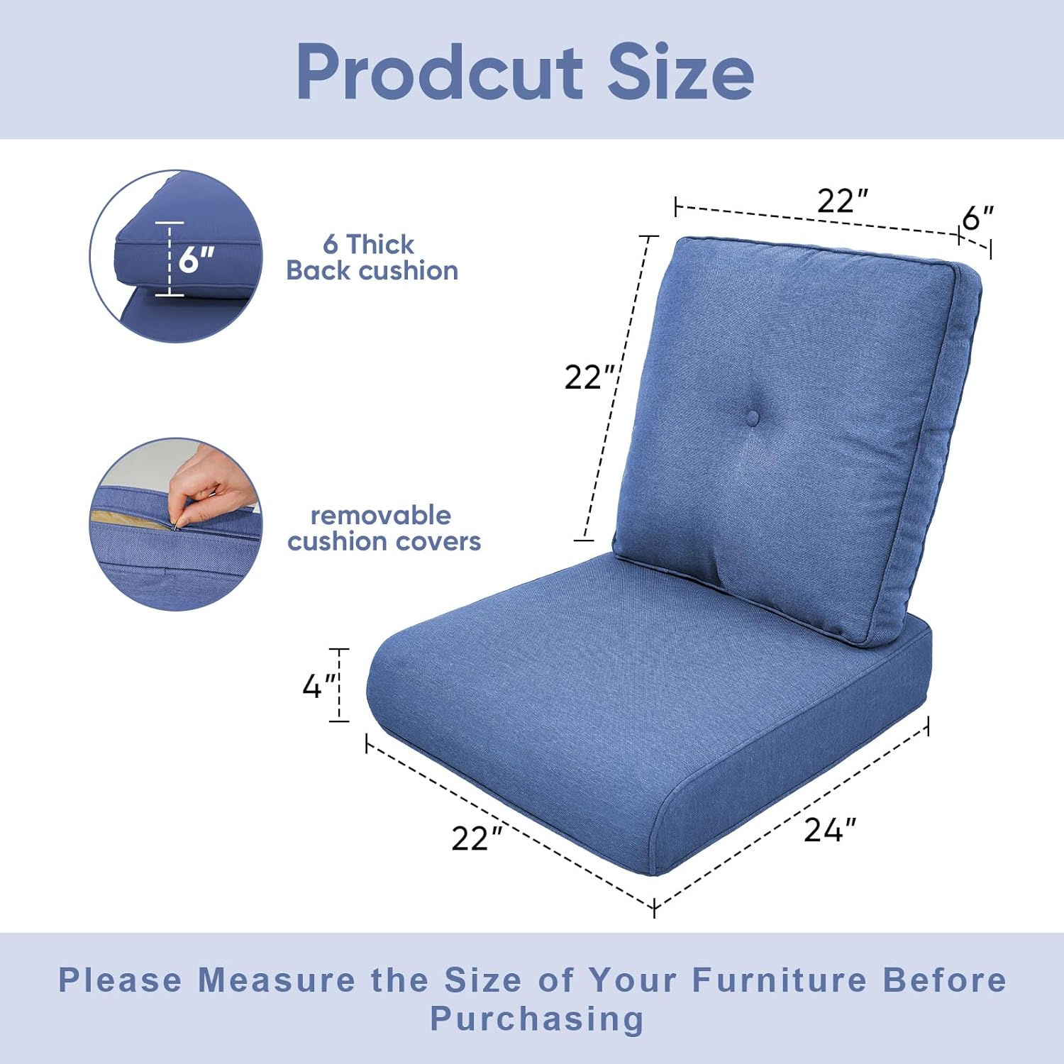 Outdoor Chair Cushions 3 Packs - Outside High Back Thick Water-Resistant Cushion 22x24 with Zipper Cover for Patio Glider Rocking Chairs Loveseat Couch – Blue/Buckle