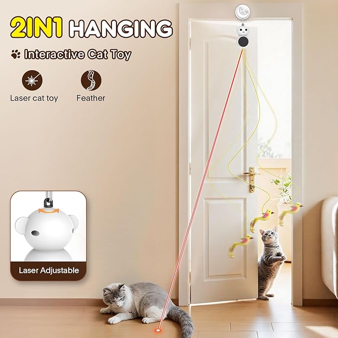 Interactive Cat Toys for Indoor Cats - 2 in 1 Automatic Laser Pointer Cat Toy with Flying Bird，Smart Moving Wand Toy with 2 Modes, Auto On/Off Hanging Safe Toys for Bored Kitten & Adult Cats