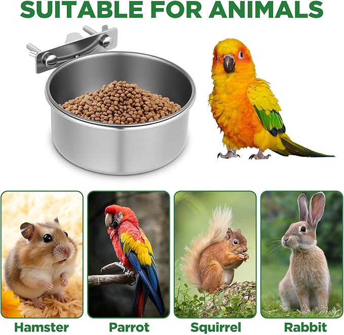 4pcs Medium Stainless Steel Bird Bowls,Bird Water Bowl with Clamp Holder,Parrot Food Bowl Parrot Cage Coop Feeders for Cockatiel Parakeet Macaw Finches Lovebirds Small Animals