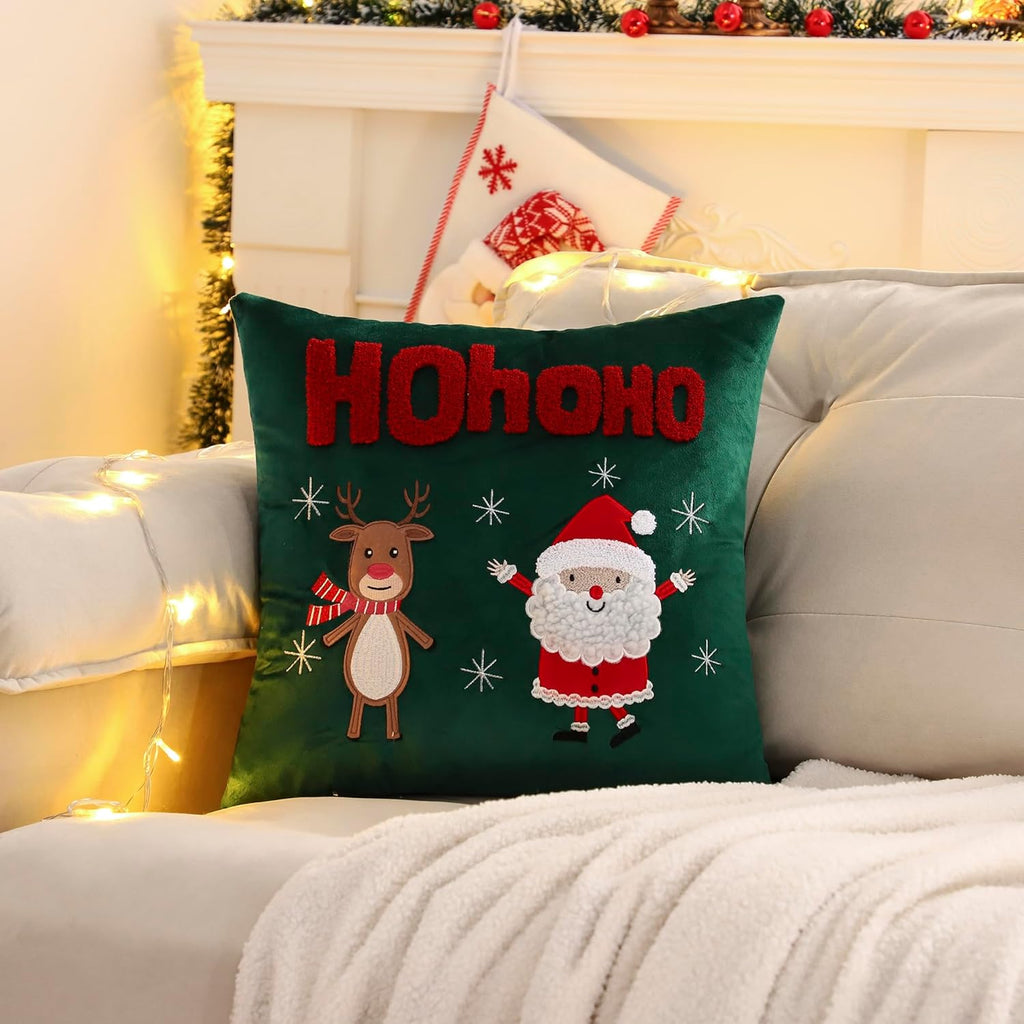 LUOYEHK Christmas Pillow Covers 18x18 Set of 2 Cute Santa Claus and Reindeer Decorative Green Pillow Cases Winter Holiday Velvet Embroidered Cushion Covers for Couch Sofa Bed