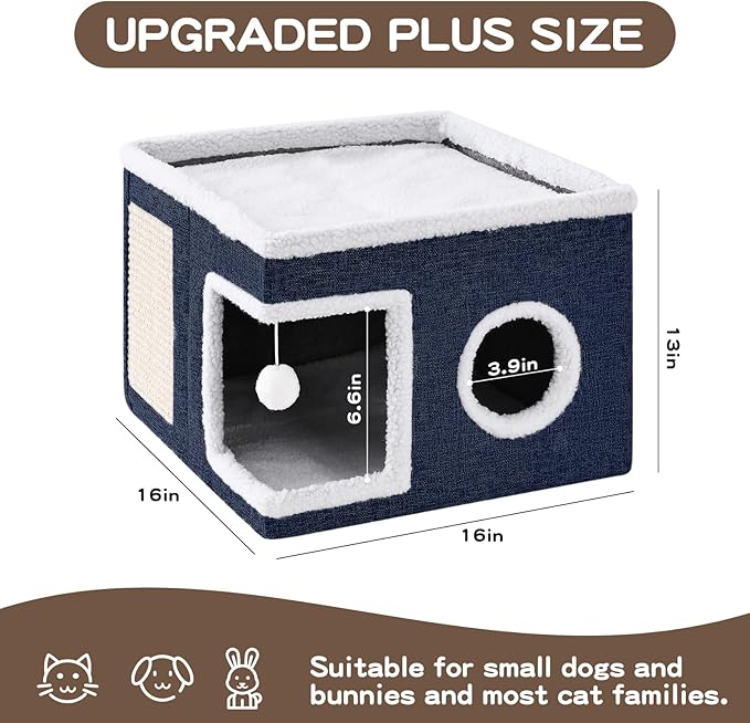 Cat Beds for Indoor Cats, Large Cat Cave with Fluffy Ball and Scratch Pad, Foldable Cat Scratch House with Hideaway Condo for Kitten,16x16x13inch,Blue