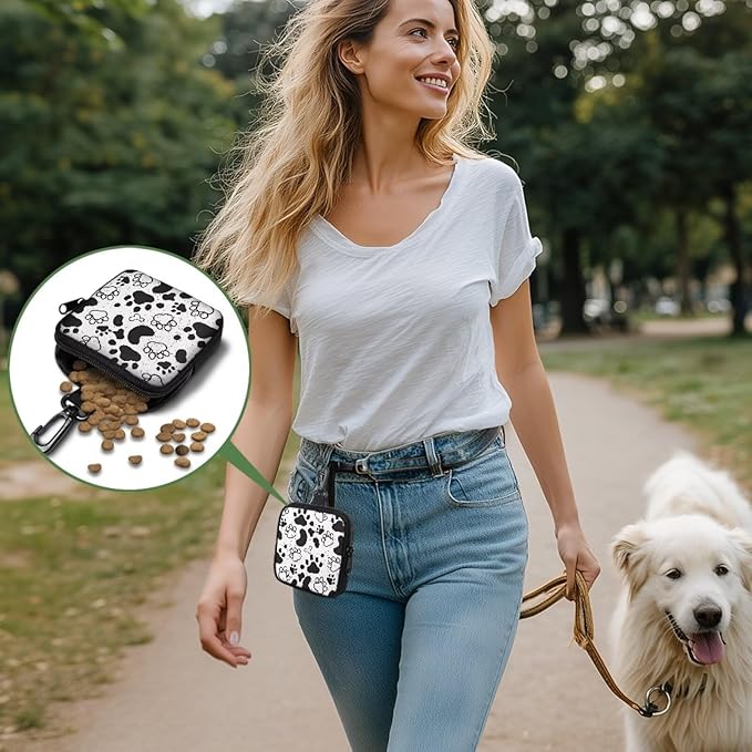 KEIAHUAN Paw Print Zipper Dog Treat Pouch for Pet Walking and Training with Clasp Portable Snack Reward Dog Food Dispenser for Traveling or Outdoor Use, Black Grey