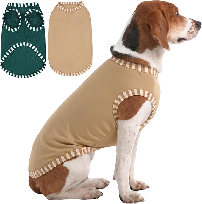 IECOii 2 Pack Summer Dog Shirt | Stretchy Fade-Resistant Fabric, Machine Washable Convenient,Home & Outdoor Clothes Fit for Medium Breeds, Khaki+Green, XL