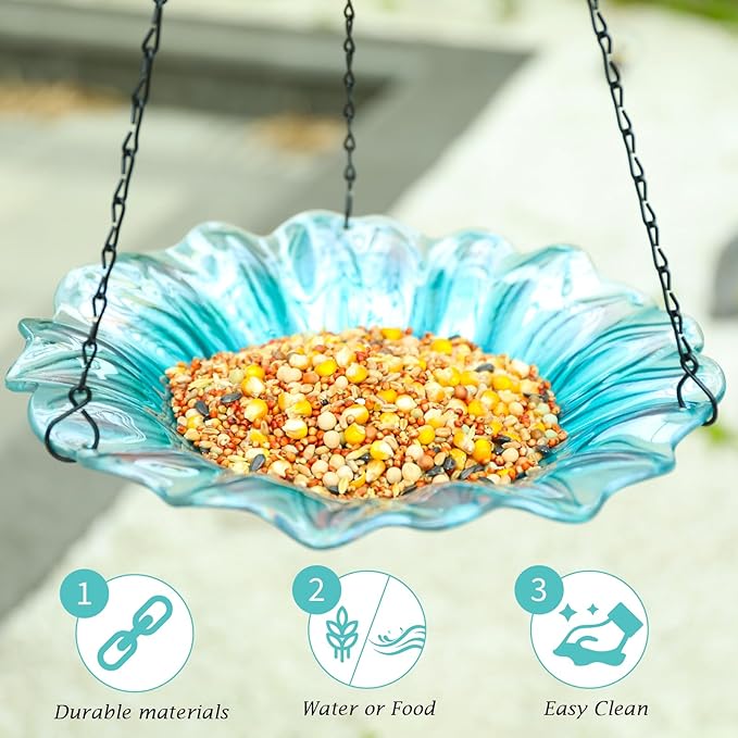 VCUTEKA Bird Bath, Glass Hanging Bird Baths for Outdoors Birdfeeder with 21 inch Rust-Proof Chain for Garden Yard Decor, Blue Daisy