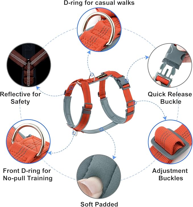 Plutus Pet No Pull Dog Harness, Adjustable Nylon Harness with Soft Padding, Reflective and Heavy Duty Dog Harness for Small, Medium, Large Dogs(Orange, S)