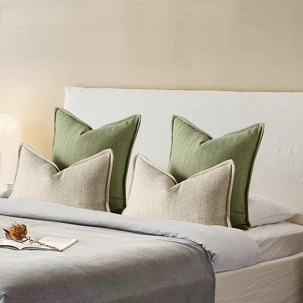 26x26 Linen Euro Sham Pillow Covers Sage Green Pack of 2 Farmhouse Boho Neutral Accents Striped Textured Square Decorative Throw Pillow Cases for Living Room Couch Bed Home Decor