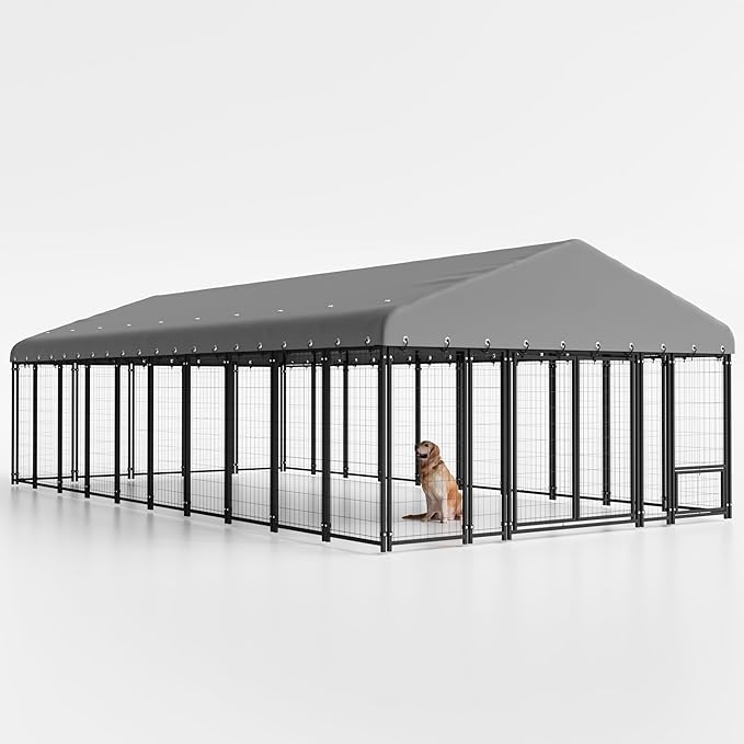 10X20FT Dog Kennel Outside Double Door Dog Kennel Outdoor with Feeding, Heavy Duty Outdoor Dog Crate Durable Dog Cage with Roof & Double Lock