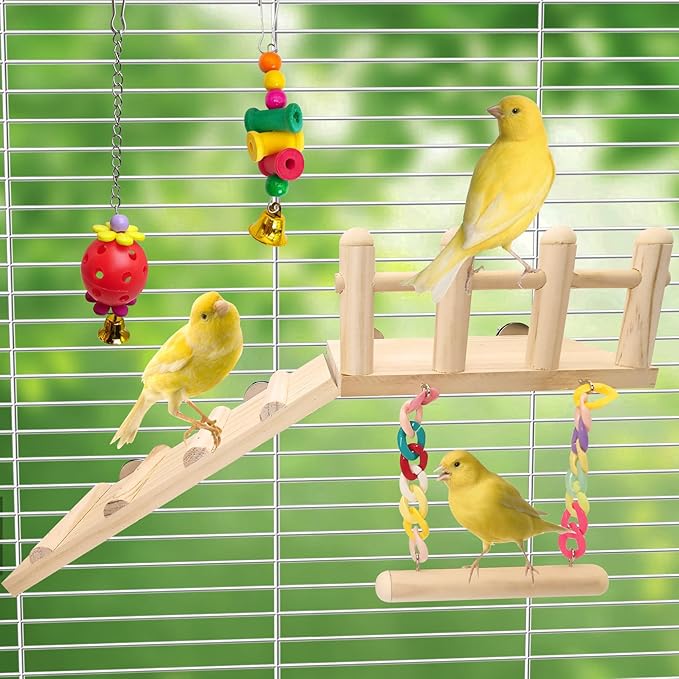 Hamiledyi 17Pcs Parrot Swing Toys Perches Platform with Bird Climbing Ladder Chewing Hanging Standing Colorful Toys Cage Accessories for Parakeet, Conure, Finch, Lovebirds, Budgie, Canary