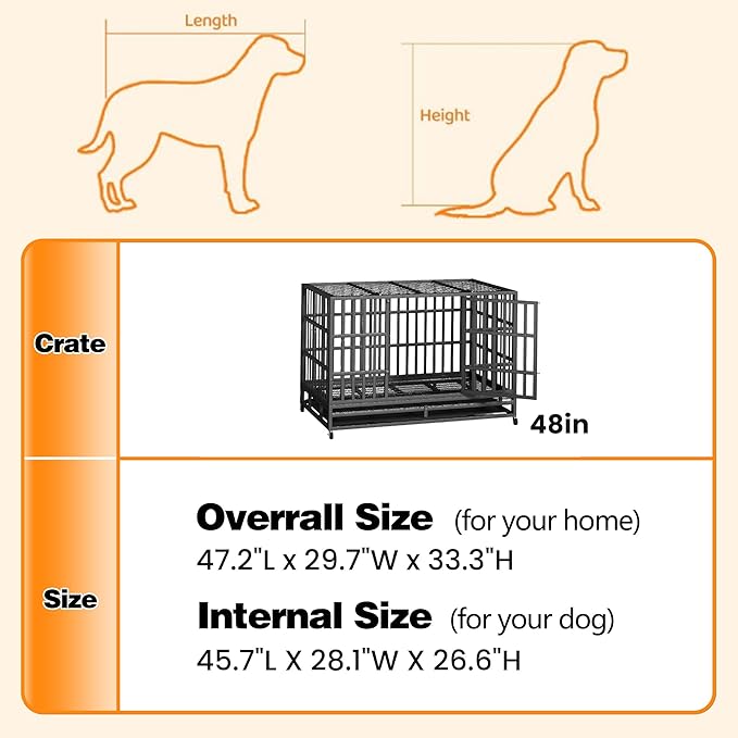 48 Inch Heavy Duty Indestructible Dog Crate Steel Escape Proof, Indoor Double Door High Anxiety Cage, Kennel with Wheels, Removable Tray, Extra Large XL XXL