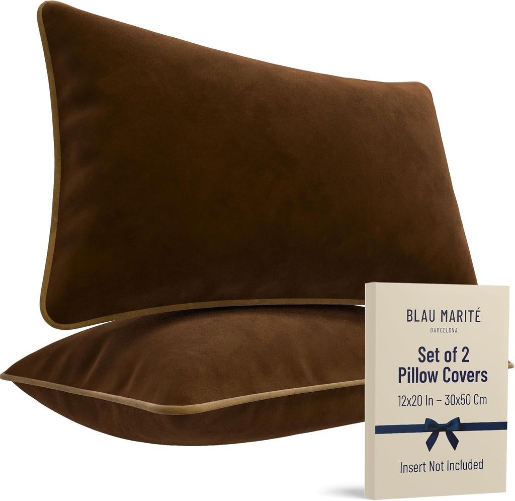 2 Pack Velvet Decorative Throw Pillow Covers, 12"x20", Brown and Camel, Solid, Modern, Contrast Piping, Indoor Use, Bedroom & Living Room