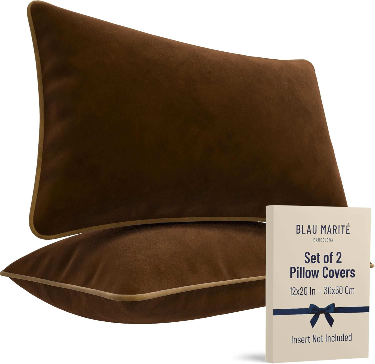 2 Pack Velvet Decorative Throw Pillow Covers, 12"x20", Brown and Camel, Solid, Modern, Contrast Piping, Indoor Use, Bedroom & Living Room
