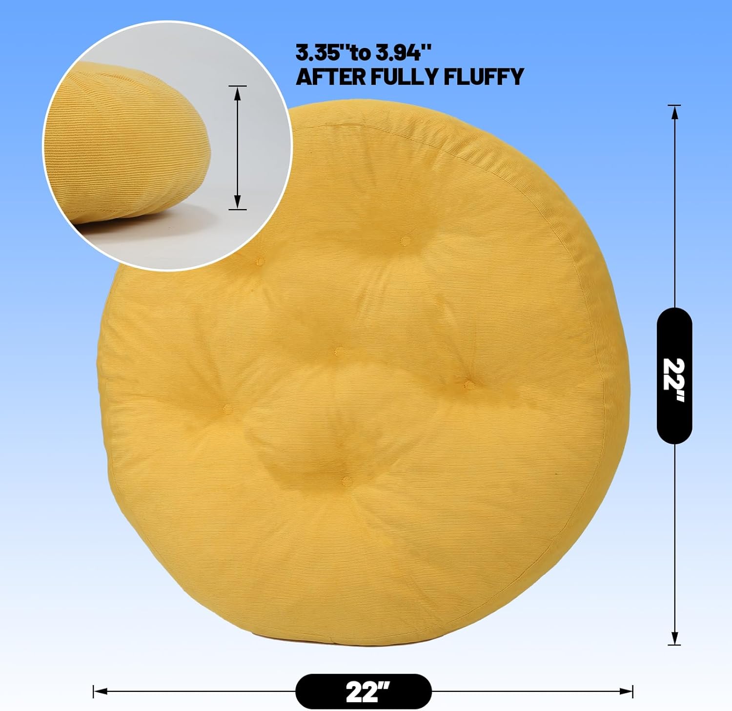 Meditation Floor Pillow Set of 2, Round Large Pillows Seating for Adults, Tufted Corduroy Cushion for Tatami Living Room, 22x22 Inch FP-Yellow-R