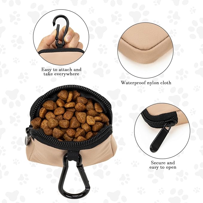 COOWONE Dog Treat Pouch Pocket Sized Pet Puppy Training Pouch for Dog Training Behavior Aids, Waterproof Nylon Fabric Dog Poop Bag Holder, Hands Free Dog Walking Bag with Metal Carabiner (Coffee)