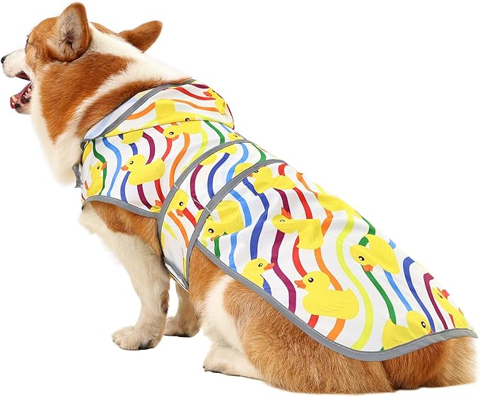 Dog Raincoat for Large Dogs, Waterproof Rain Jacket Coat with Hood and Leash Hole, Polyester, Rainbow Ducks