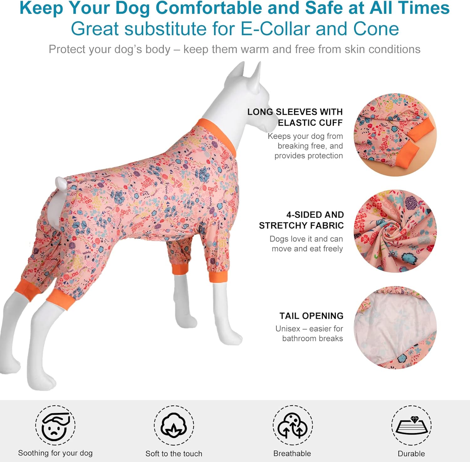 LovinPet Large Dog Pajamas, Pet Anxiety Relief Shirt, Pet Pajamas for Dogs, Anti Licking, Dog Surgery Recovery Clothes, Breathable Stretchy Fabric, Red, Shimmering Blooms Blush Print, XL