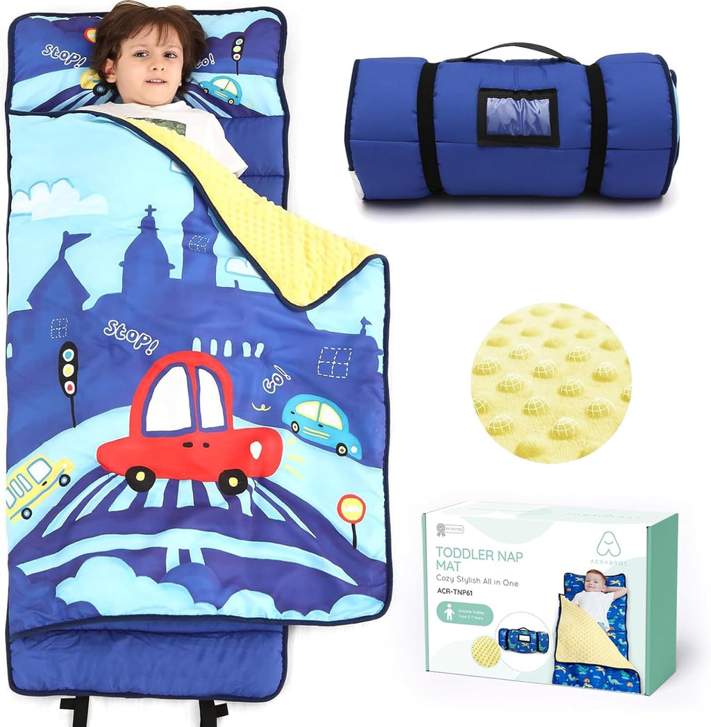 ACRABROS Toddler Nap Mat with Pillow and Blanket, Extra Large Rolled Napping Mats,Slumber Bags for Boys Girls,Kids Sleeping Bag for Daycare, Preschool Travel Camping, Crosswalk Car