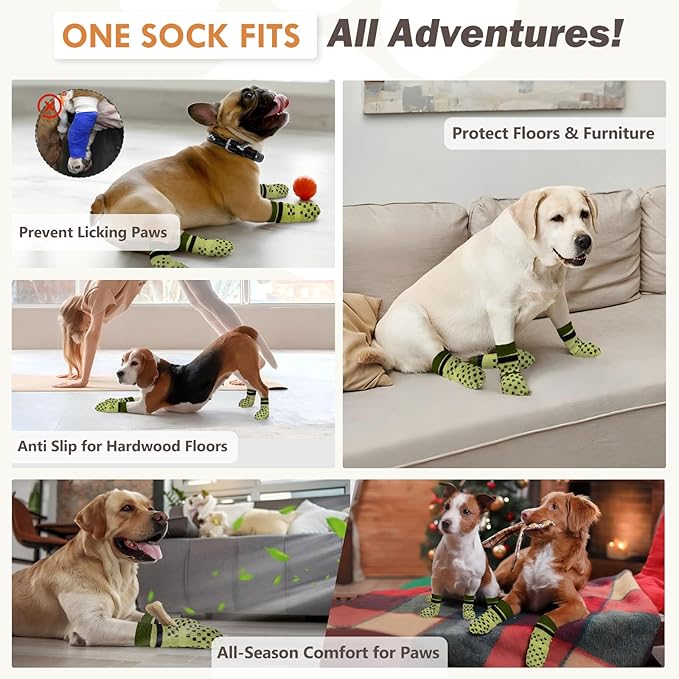 Non Slip Dog Socks to Prevent Licking Paws Grippy Socks for Senior Dog on Hardwood Floors Anti Slip Dog Socks for Christmas Holiday Double Side Paw Protector Prevent Scratching Green L