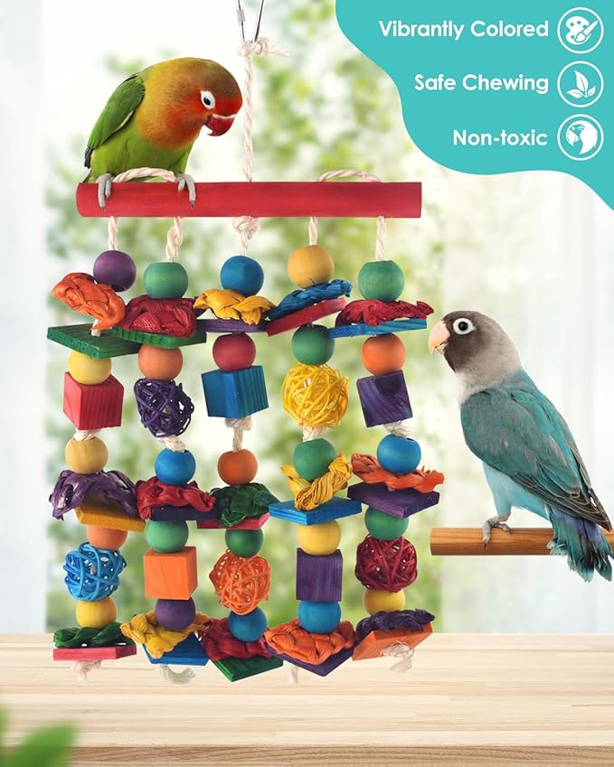 Bird Toys, Parakeet Chewing Toy, Multicolored Natural Wooden Blocks Birds Parrot Tearing Toys mit Rattan Wicker Balls, for Medium Small Macaw Cockatoos Budgie Lovebird Cockatiel Conures