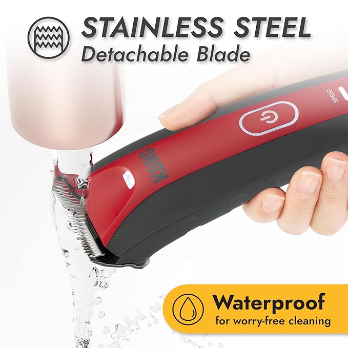KONG 2-Speed Dog Clipper Grooming Kit – Stainless Steel Blade, Waterproof, LED Spotlight, 6 Guide Combs, 8-Foot Cord, Ergonomic Handle – Red/Gray, Medium Coat Types