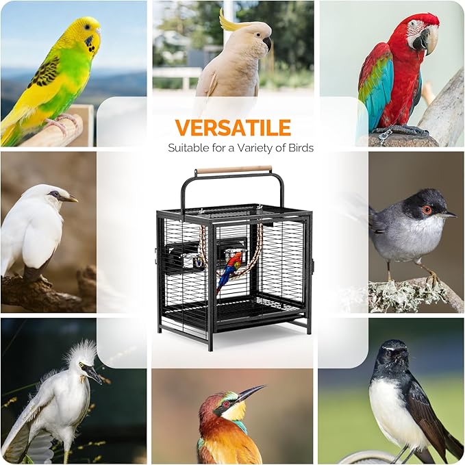 VINGLI Bird Cage, 25 inch Wrought Iron Bird Travel Carrier, Cage with Handle for Parakeets, Parrot, Lovebirds, Finches, Small/Medium Birds