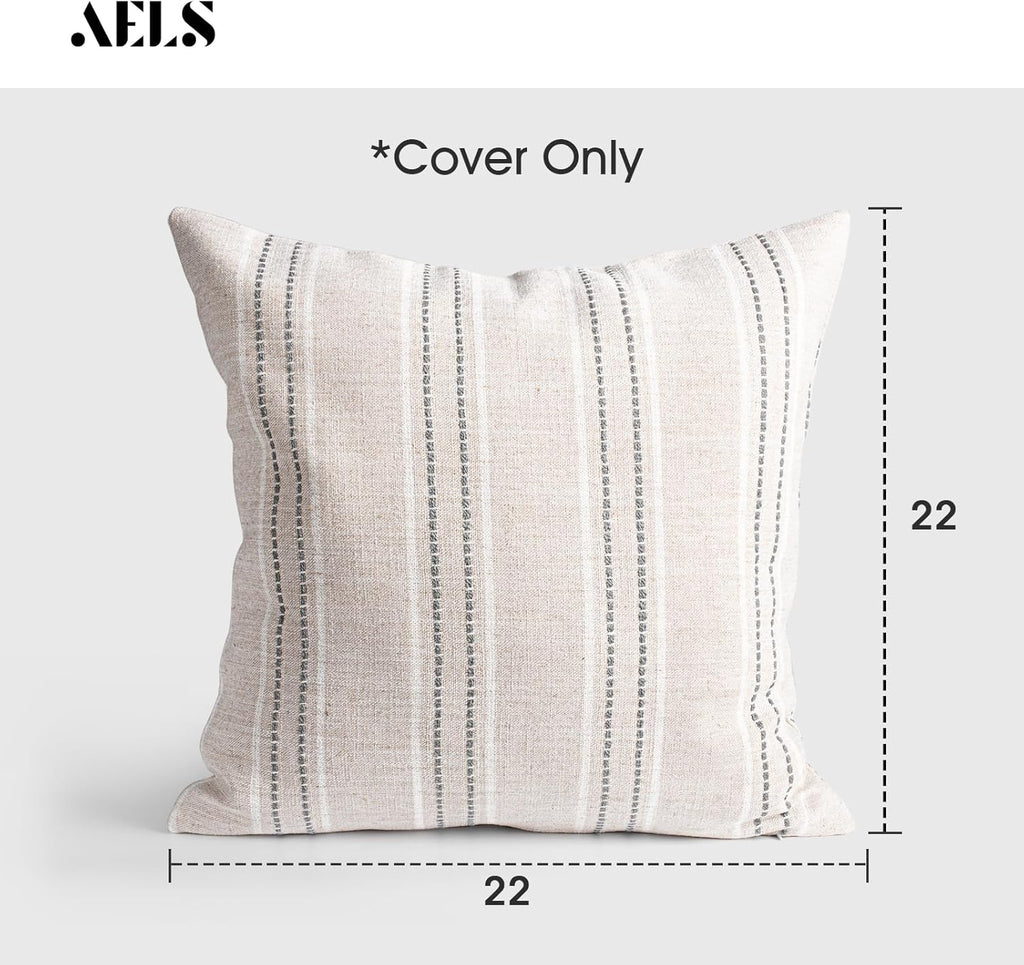 AELS 22x22 Decorative Farmhouse Linen Throw Pillow Covers, Boho Textured Pillow Case, Set of 2, Beige with White & Gray Stitch Yarn Dyed Stripe Cushion Cover for Sofa Couch Living Room (Cover ONLY)