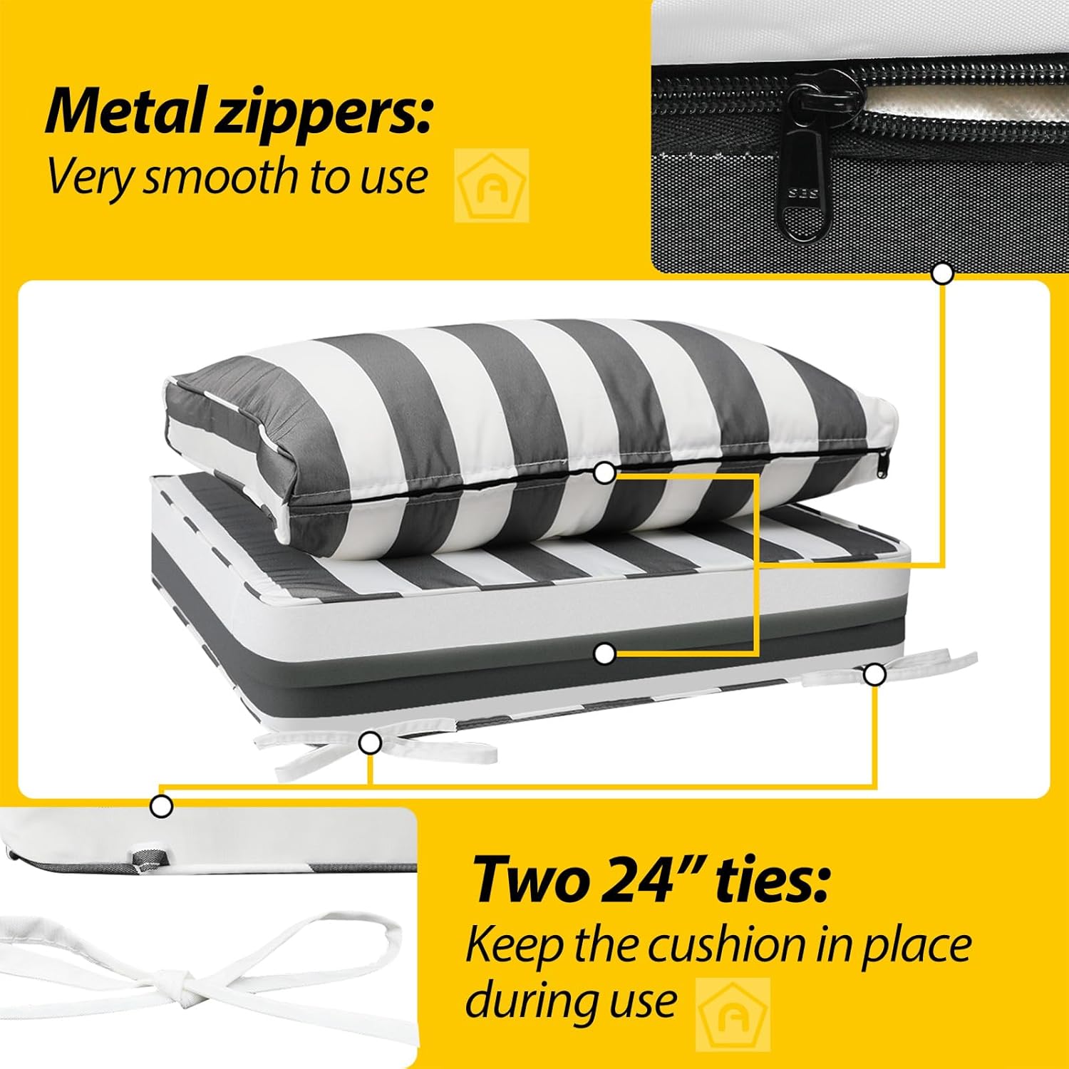 AAAAAcessories Outdoor Deep Seat Cushions, Waterproof, Fade-Resistant Patio Furniture Replacement Cushions, 23.5" x 25.5" x 5" + 23.5" x 13.5", Gray Cabana Stripe