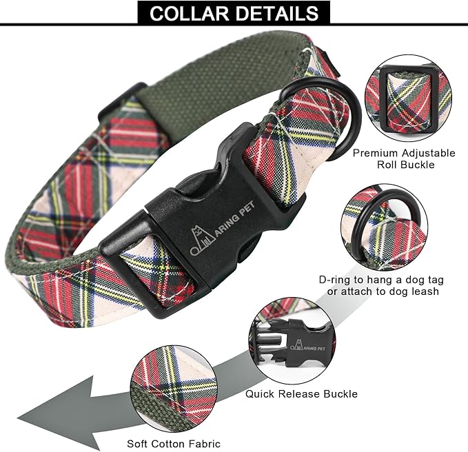 ARING PET Christmas Dog Collar, Cute Red Green Plaid Cotton Lightweight Pet Puppy Collars for Small Medium Large Dogs-XS