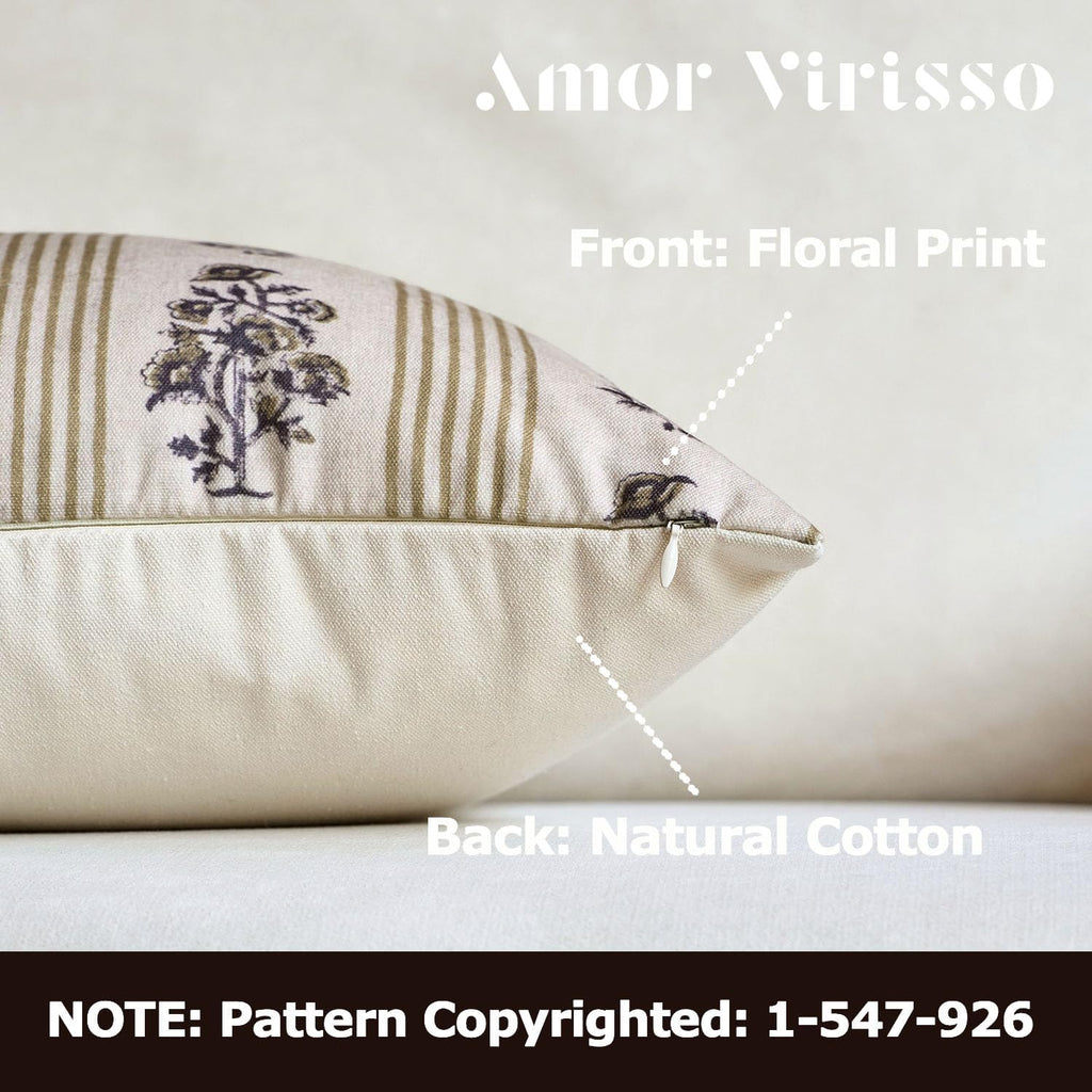 Amor Virisso Floral Throw Pillow Covers 20x20 Set of 2 Block Print Pillow Covers Neutral Floral Striped Farmhouse Decorative Pillow Covers for Sofa Couch Bed, Yellow