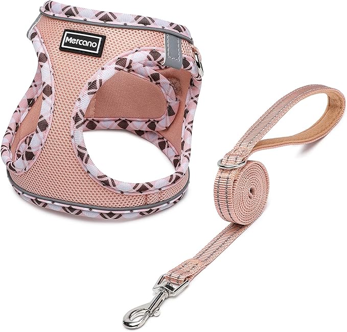 Mercano Soft Mesh Dog Harness and Leash Set, No-Chock Step-in Reflective Breathable Lightweight Easy Walk Vest Harnesses with Safety Buckle for Small Dogs, Cats (Champagne, XS)