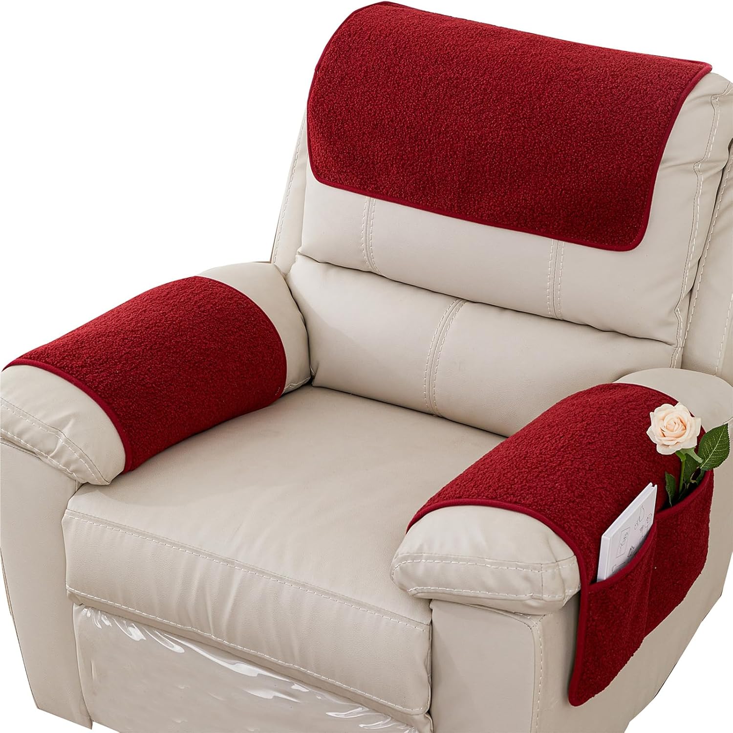 Armrest Cover, Recliner Chair Protector, Furniture Protector Slip, Side Storage Pocket, Stretch Armchair Couch Arm Rest Cover for Recliner, Chair, Sofa (Wine Red,1 Seater(3pcs))