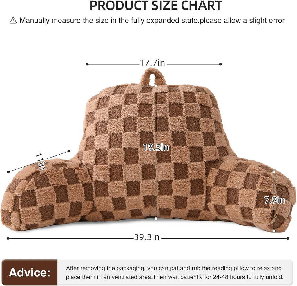 Aimuan Reading Pillow Checkered Bed Rest Wedge Backrest Checkerboard Pillow with Arms Back Support for Sitting Up in Bed Cushion Incline Rest Sleeping Snoring Pillow (Khaki,Large)
