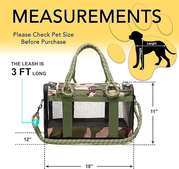| TSA Airline Approved |Soft Sided Pet Carrier | Cat Carrier | Dog Carrier| Pets Up to 15 lbs | Leash & Luggage Strap | Camo Green Handle
