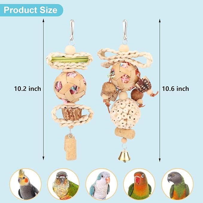 Wontee Bird Toys Colorful Shredding Crinkles Foraging Toys Natural Sola Ball Chew for Cockatiels Conures Parakeets Budgies Senegal (2 Pack)