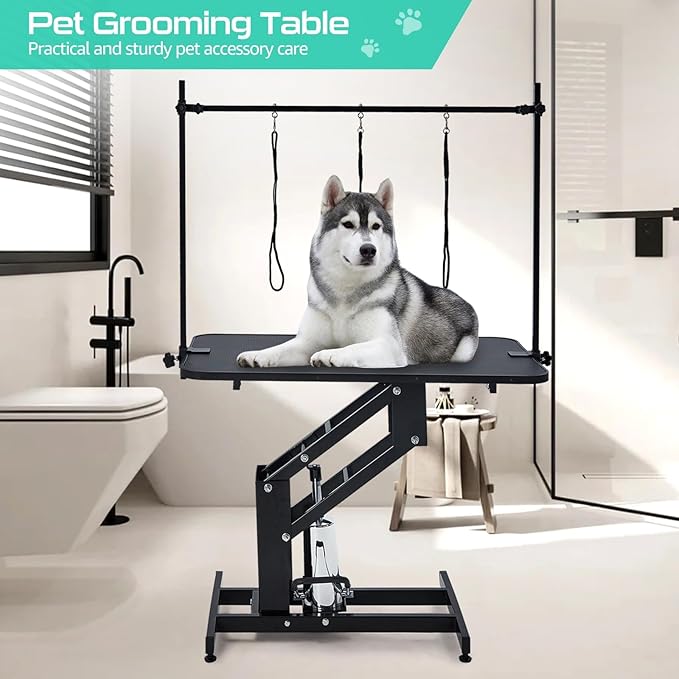 43.6" Pet Grooming Table for Large Dogs, Heavy Duty Height Adjustable Dog Grooming Table With Overhead Arm & Noose Height Range 22''-39'', Maximum Capacity Up to 350 Lbs, Black