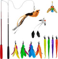 Interactive Cat Wand Toy Set – 2 Retractable Wands (38" & 50") with 11 Refills Attachments – Feather Toys, Plush Bird, Worms, Insect & Swallow – Cat Teaser Toys for Indoor Cats & Kittens