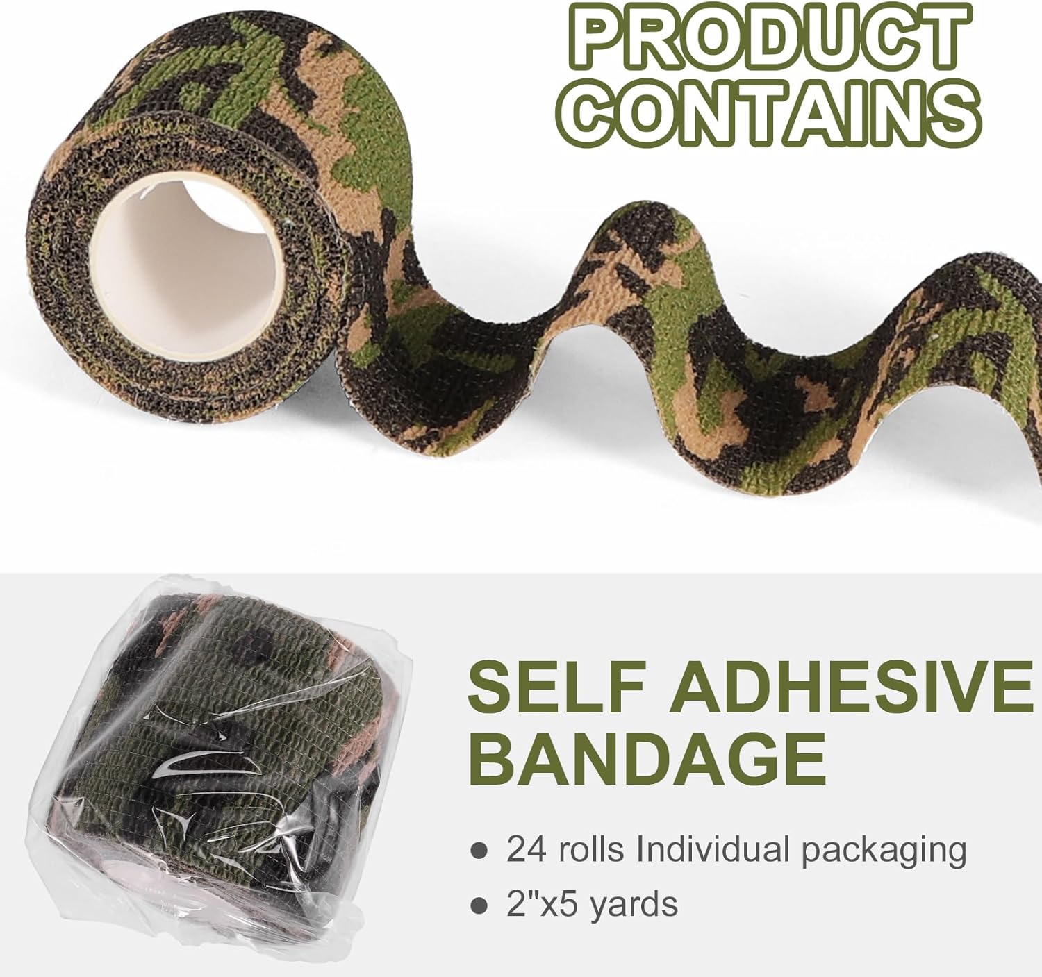 24 Pack Camo Self Adhesive Wrap, 2” x 5 Yards Vet Wrap Cohesive Camo Grip Tape Medical Wrap Self Adherent for Ankle, Wrist Sprains, Pet First Aid