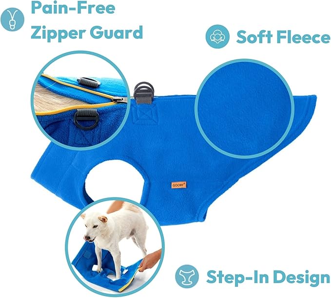 Gooby Zip Up Fleece Dog Sweater - Blue, X-Large - Warm Pullover Fleece Step-in Dog Jacket with Dual D Ring Leash for Small to Medium Dogs