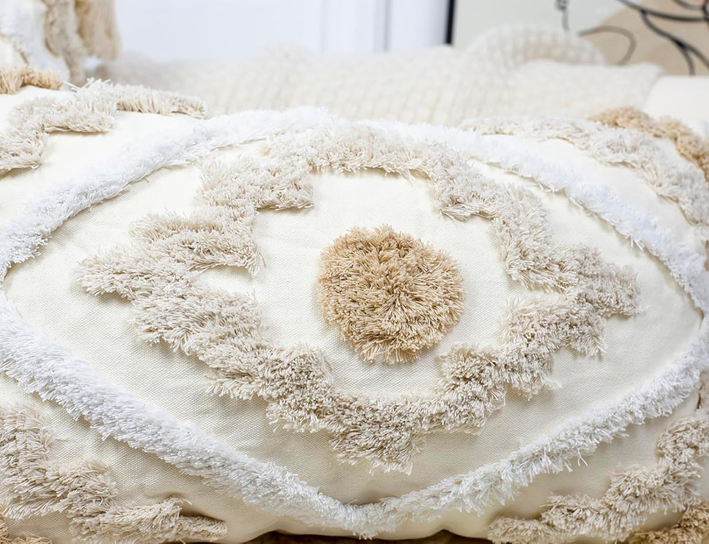 Decorative Farmhouse Throw Pillow Covers 18 x 18,Modern Neutral Couch Pillow Cover,Cotton Checked Pattern Boho Square Pillow Case Cover for Couch Bed Sofa Bedroom,Khaki&Beige&White