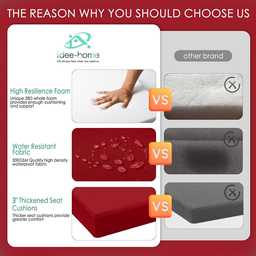 idee-home Outdoor Chair Cushions Set of 2, Thick 17" x 17" x 3" Outdoor Seat Cushion Patio Furniture Waterproof with Ties, Patio Chair Pads Dining Red