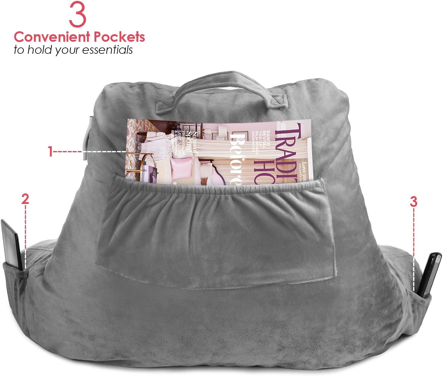 Nestl Reading Pillow with Shredded Memory Foam, Designed for Sitting Up in Bed and Couch, Back and Arms Adjustable Support for Adult & Teens Backrest Pillows for Reading, with Washable Cover Dark Grey