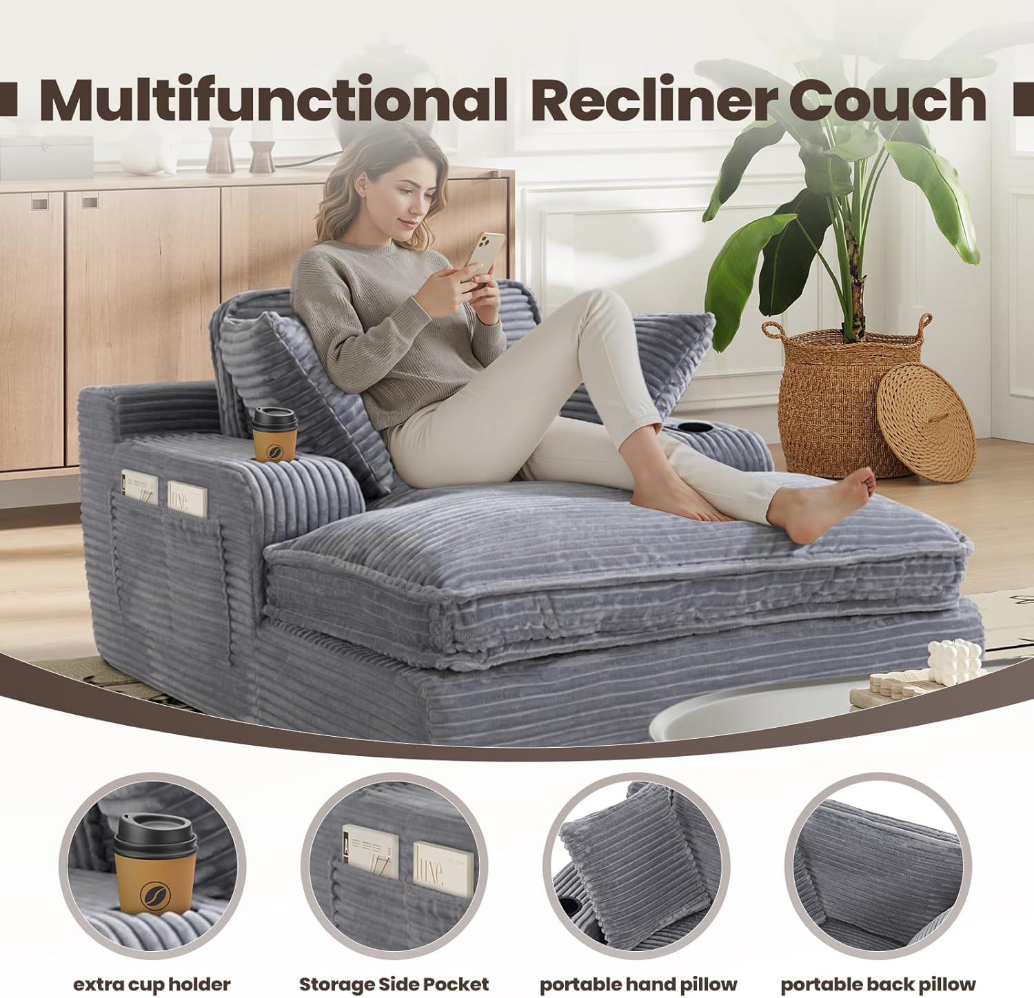 67" Chaise Lounge Chair Indoor, Cozy Oversized Fluffy Sofa with Cup Holders & Throw Pillows, Boneless Sleeper Cloud Couch for Living Room, Movie Room and Apartments, Grey